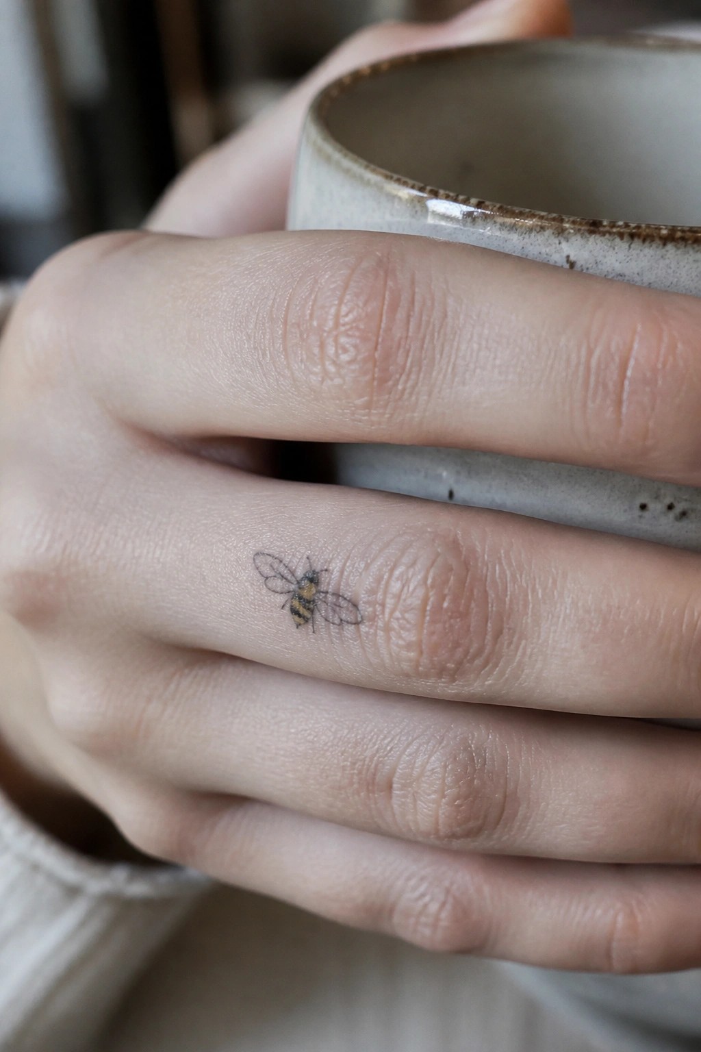 Small bee tattoo on the side of a finger with visible wing and stripe details