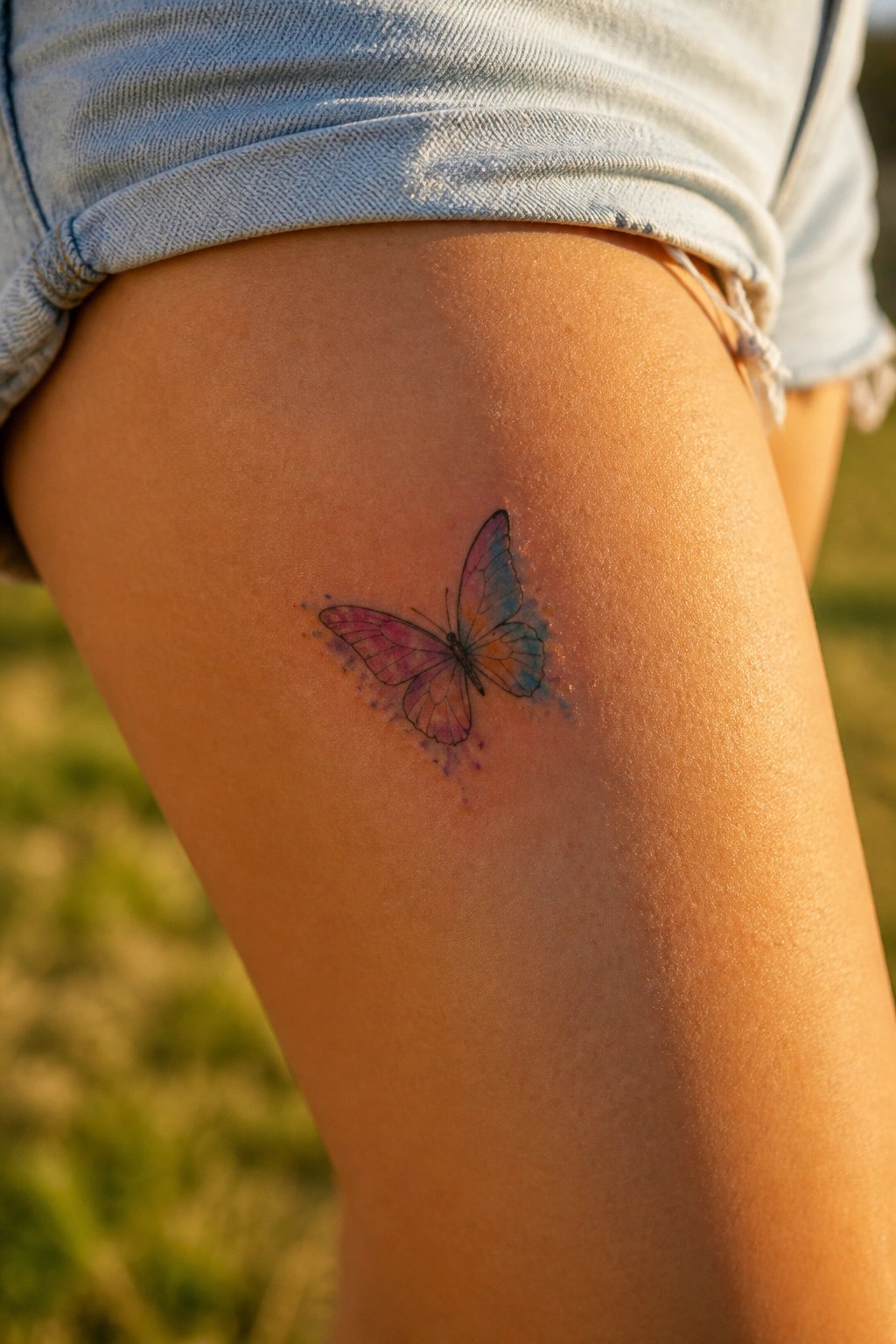 Vibrant watercolor butterfly tattoo on thigh beneath light denim shorts outdoors