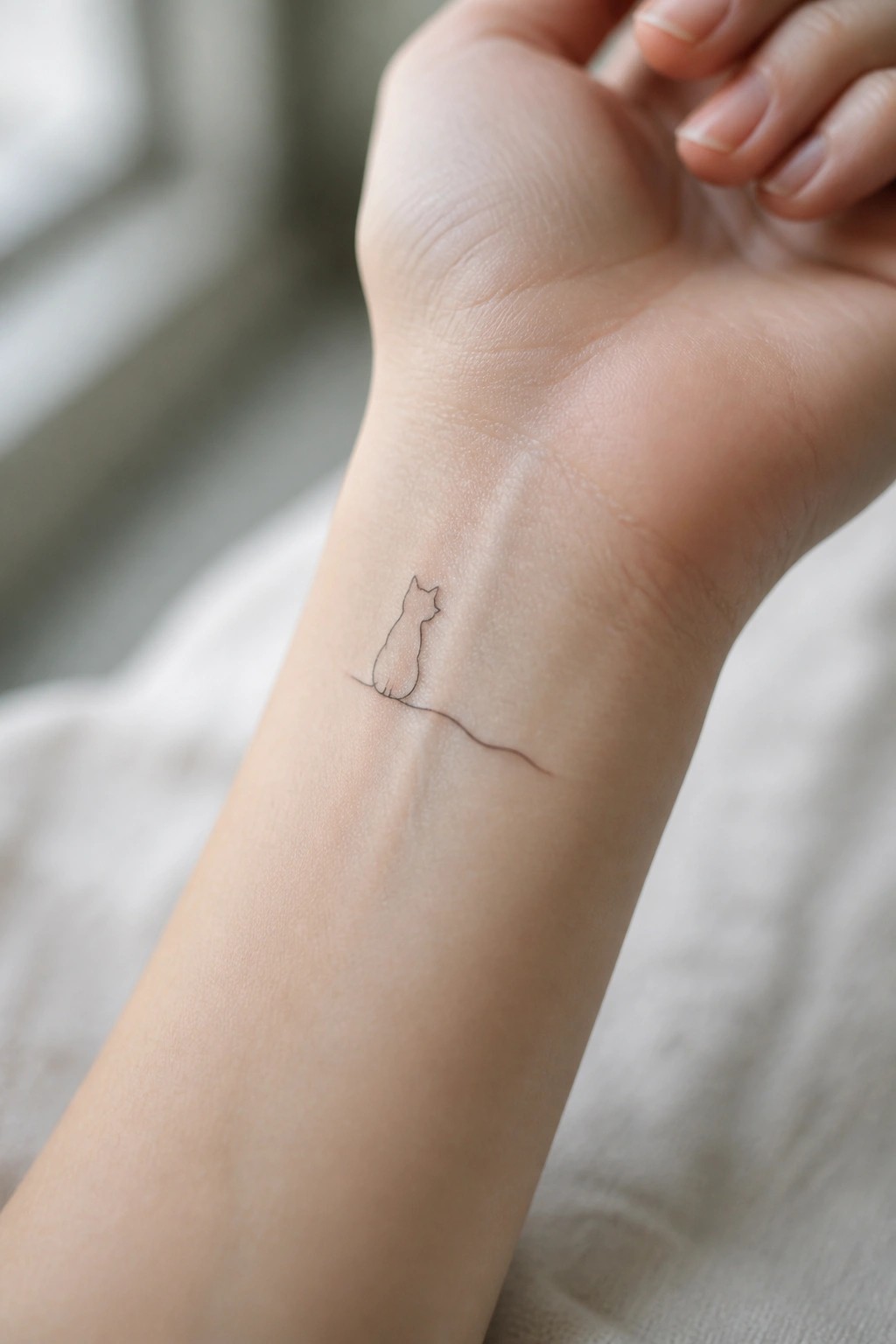 Minimalist black cat outline tattoo on fair-skinned inner wrist with line