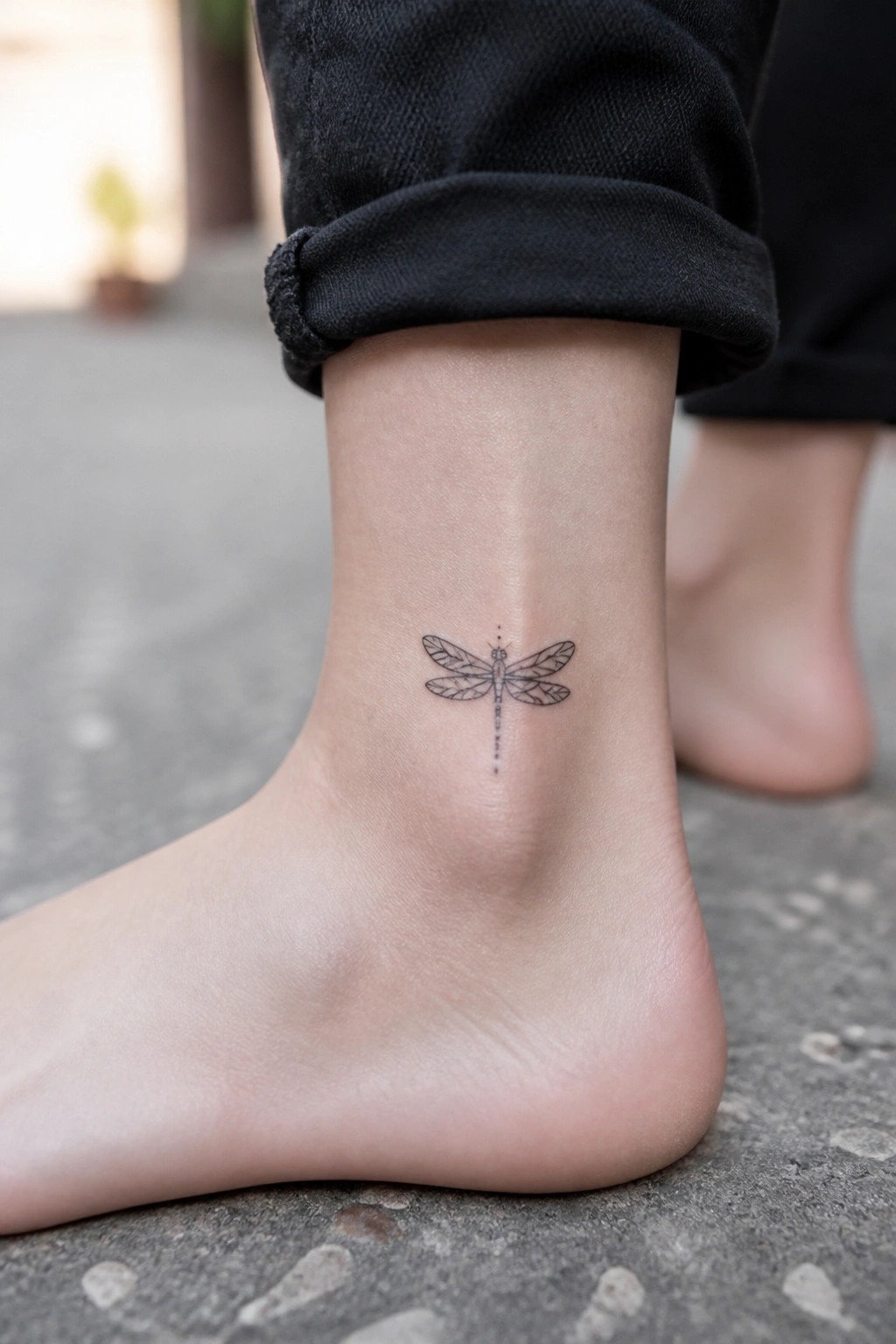 Bare ankle with delicate dragonfly tattoo below black rolled-up pants on pavement.