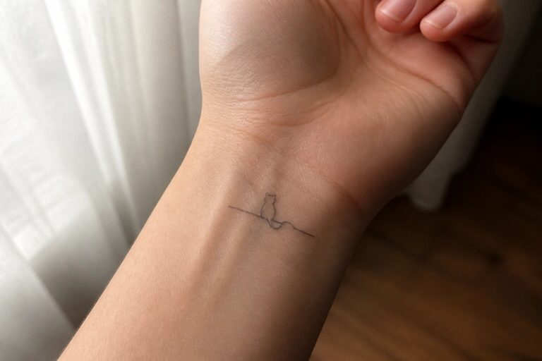 Minimalist black cat outline tattoo on fair-skinned inner wrist with line