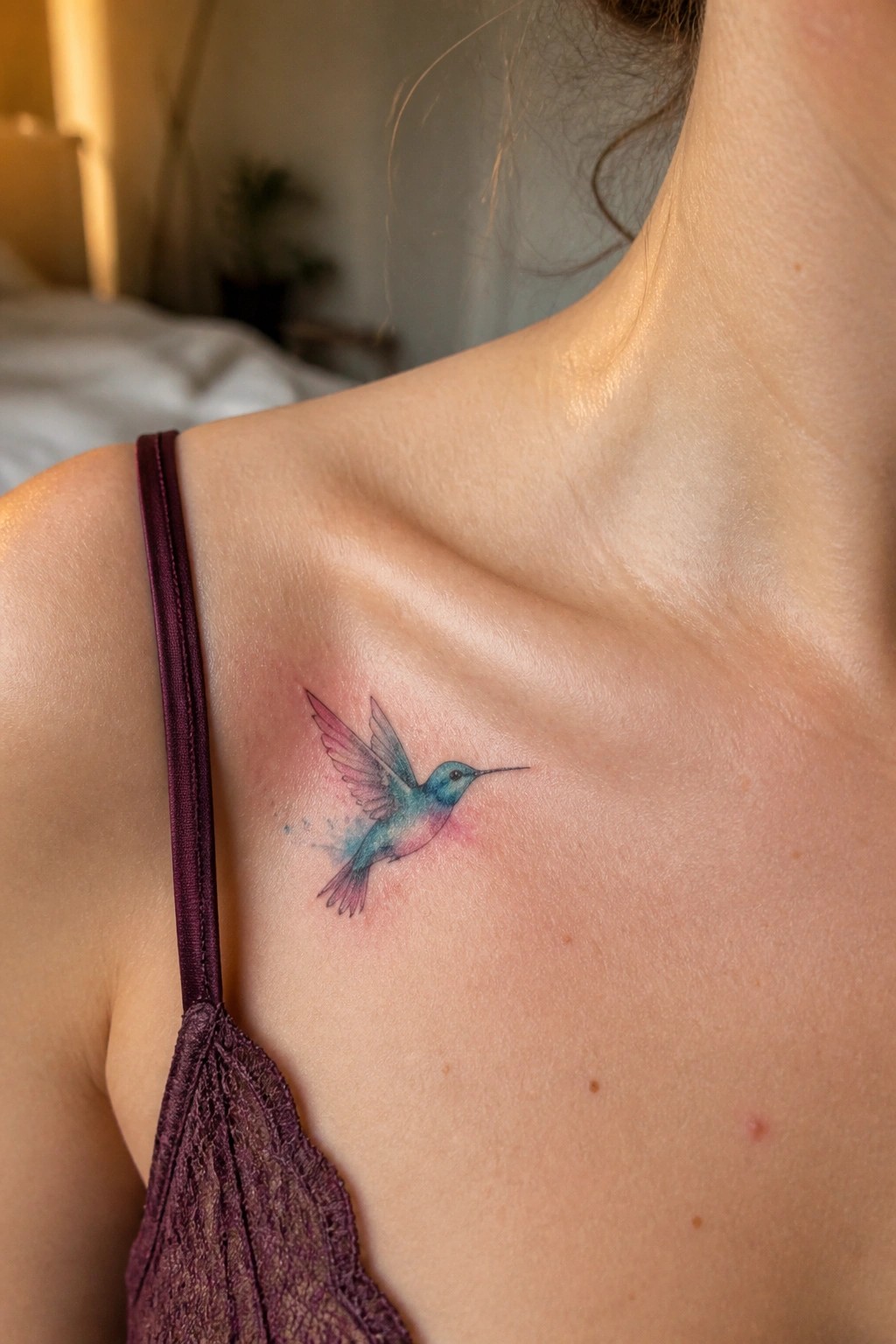 Watercolor hummingbird tattoo on shoulder beside purple lace strap with visible redness