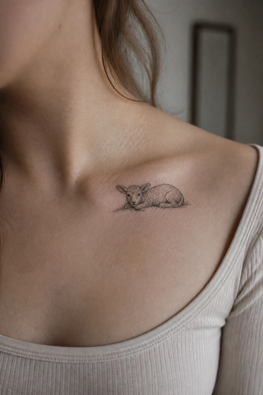 Small fine line tattoo of a resting lamb on the collarbone area
