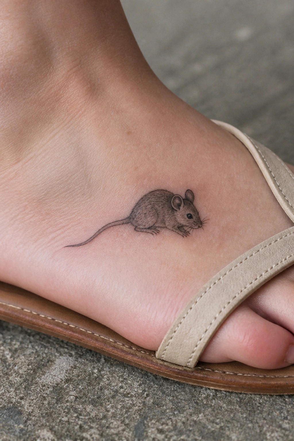Realistic mouse tattoo on ankle beside beige sandal strap on paved ground.