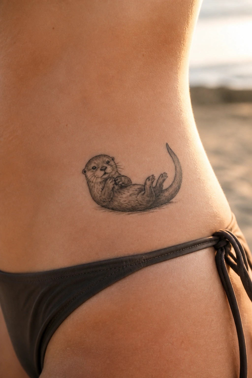 Otter tattoo on hip above black bikini bottom on beach at sunset