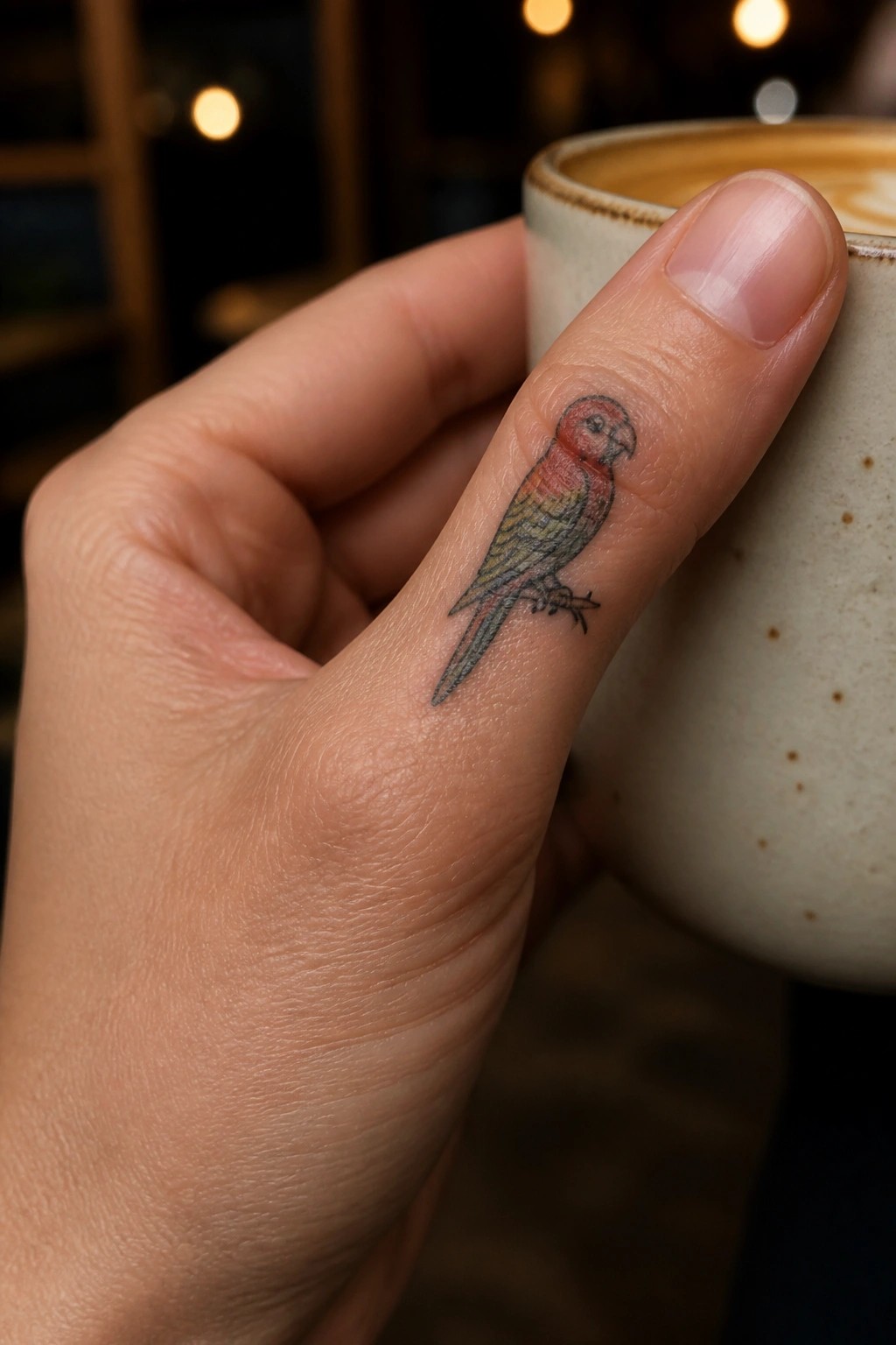 Hand with colorful bird tattoo on finger holding coffee cup