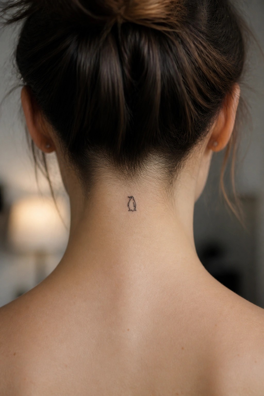 Dark hair in bun with small penguin tattoo on neck nape