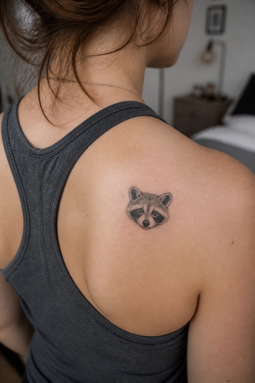 Woman's shoulder with raccoon face tattoo above gray tank top, brown hair visible