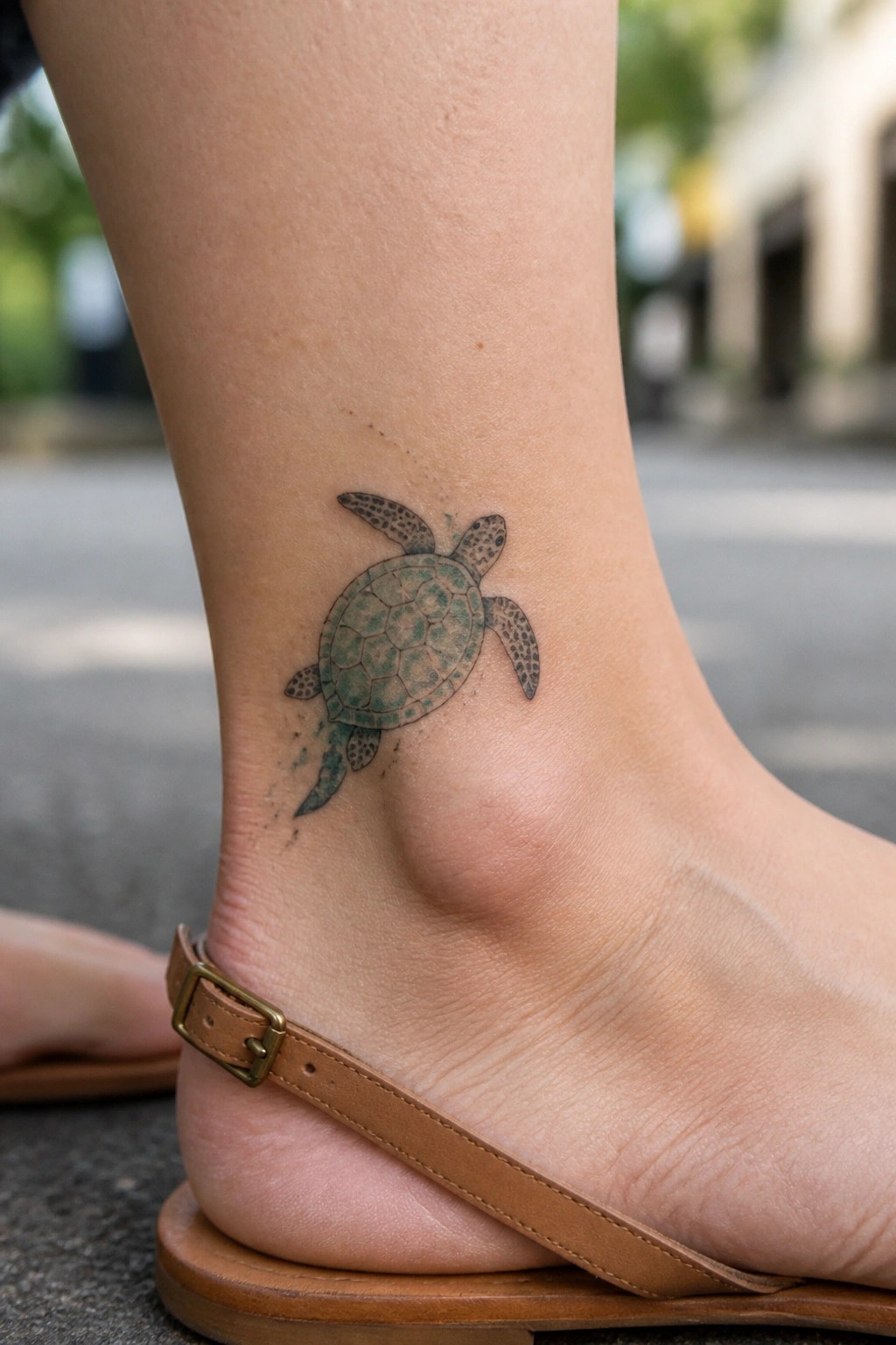 Small sea turtle tattoo in green tones positioned on the side of an ankle above a sandal strap.