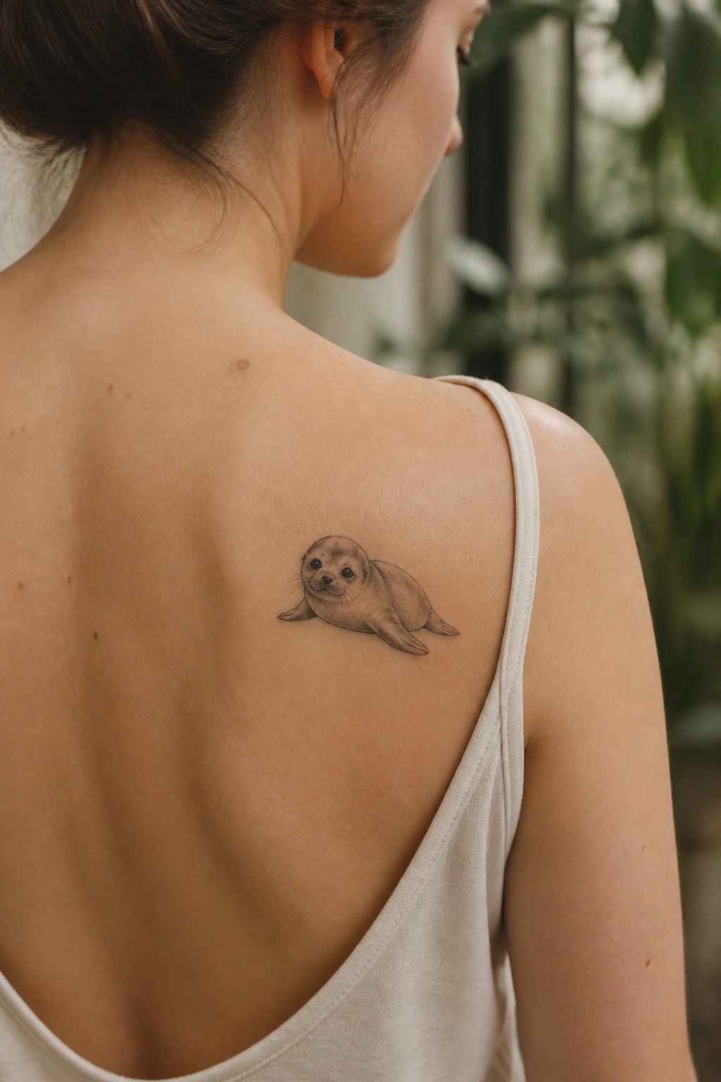 Woman's back with realistic baby seal tattoo on shoulder, wearing beige tank top.