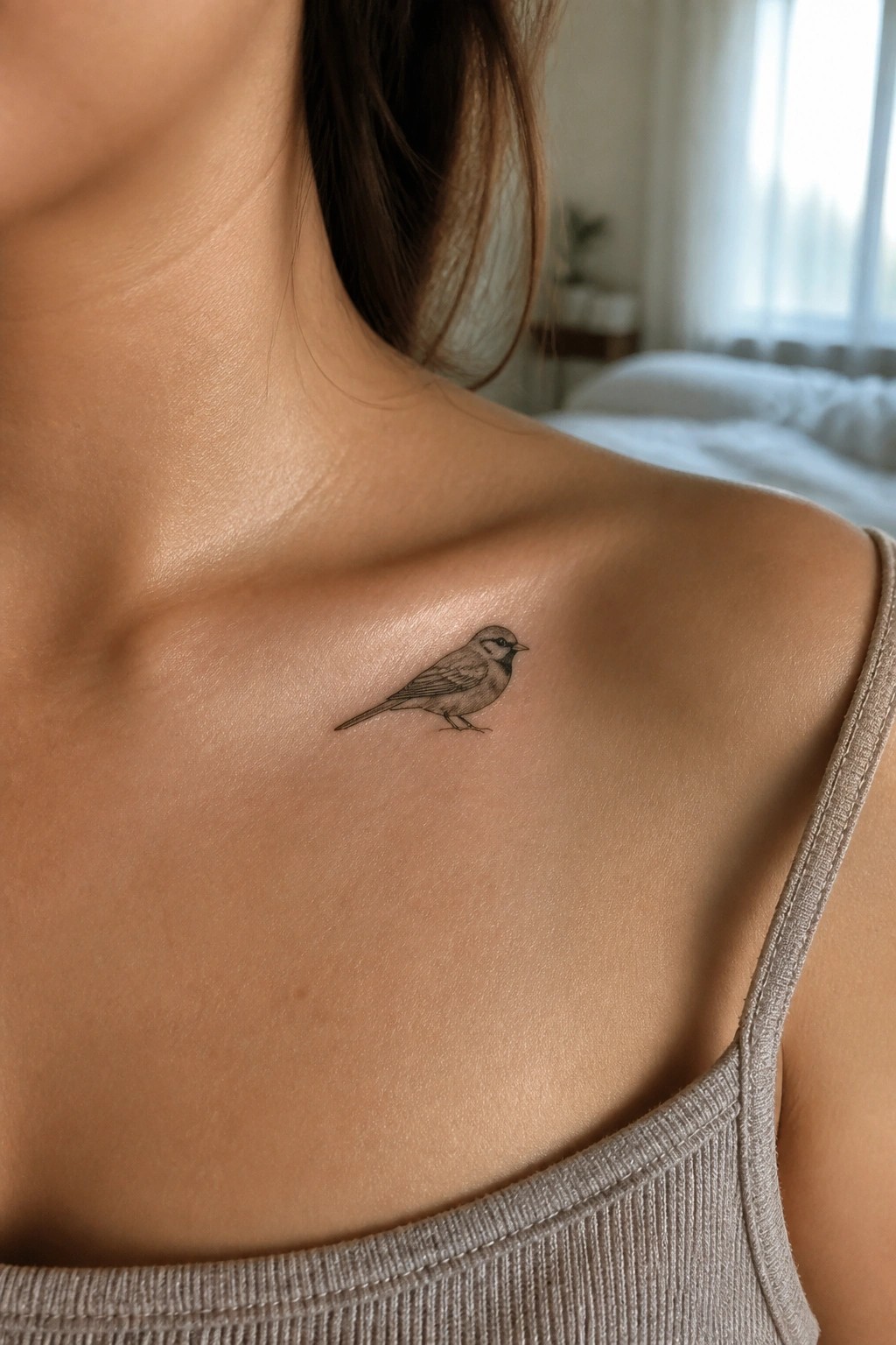 Small fine line bird tattoo placed on the collarbone area of a person in a gray tank top.