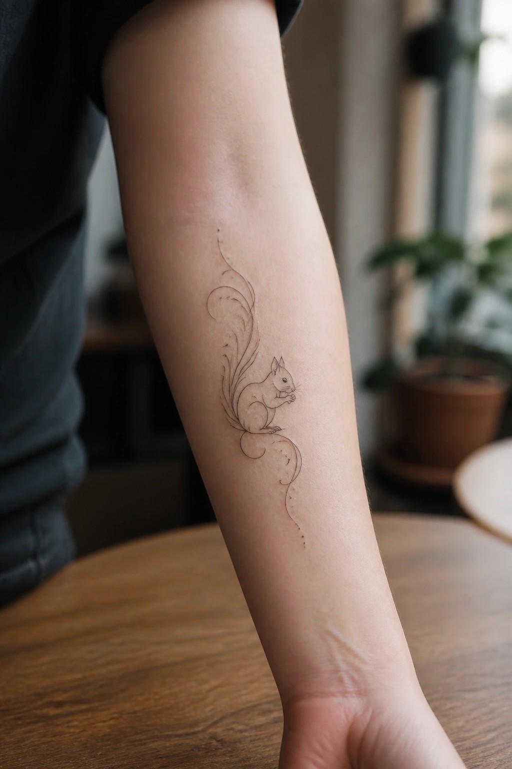 Minimalist squirrel tattoo with ornate swirling tail on forearm resting on wood.