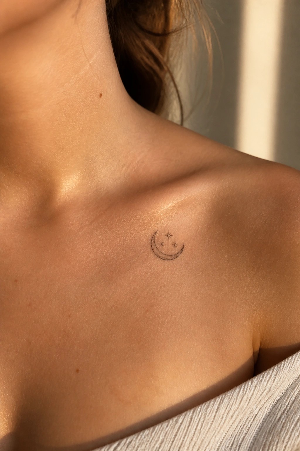 Crescent moon and stars tattoo on sunlit collarbone above white ribbed top.