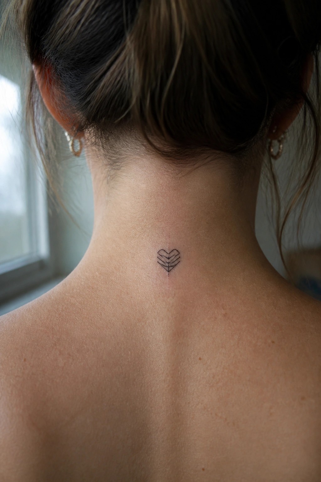Small geometric heart tattoo on nape of neck below tied-up hair