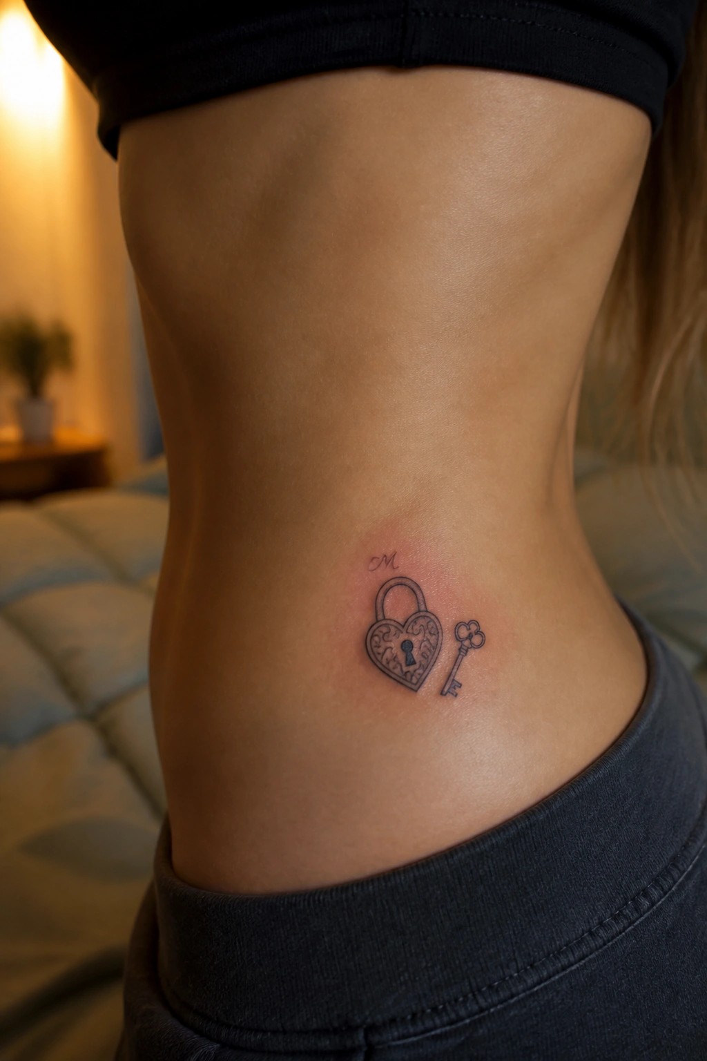 Small heart padlock and key tattoo with initial on the side of a woman's torso