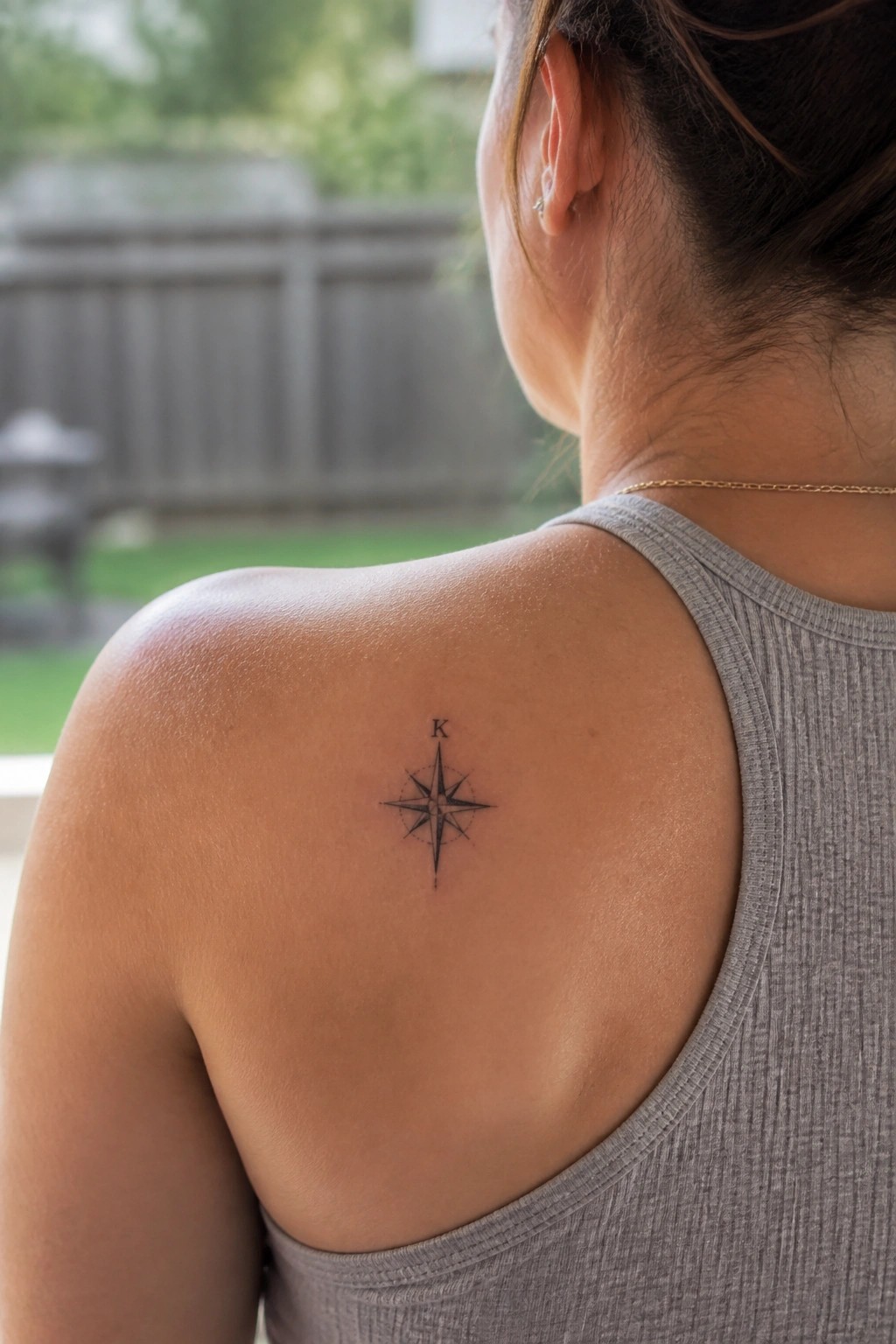 Woman's shoulder with black compass tattoo and K in gray tank top outdoors