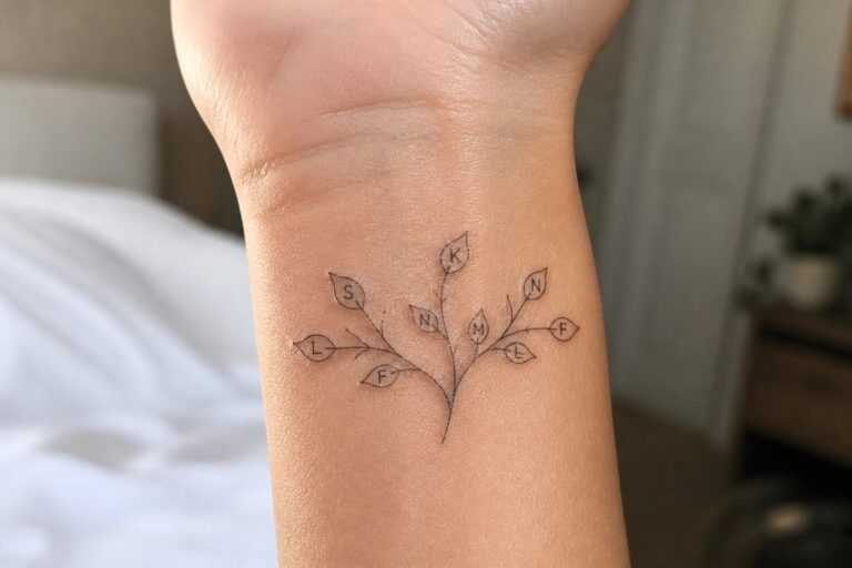 Minimalist line art tree tattoo on the inner wrist with four leaves marked by initials E, R, G and K
