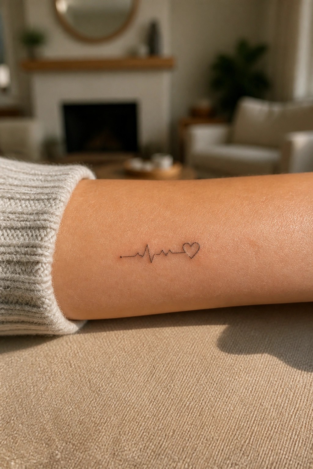 Forearm in white knit sweater with thin heartbeat line and heart tattoo on beige couch
