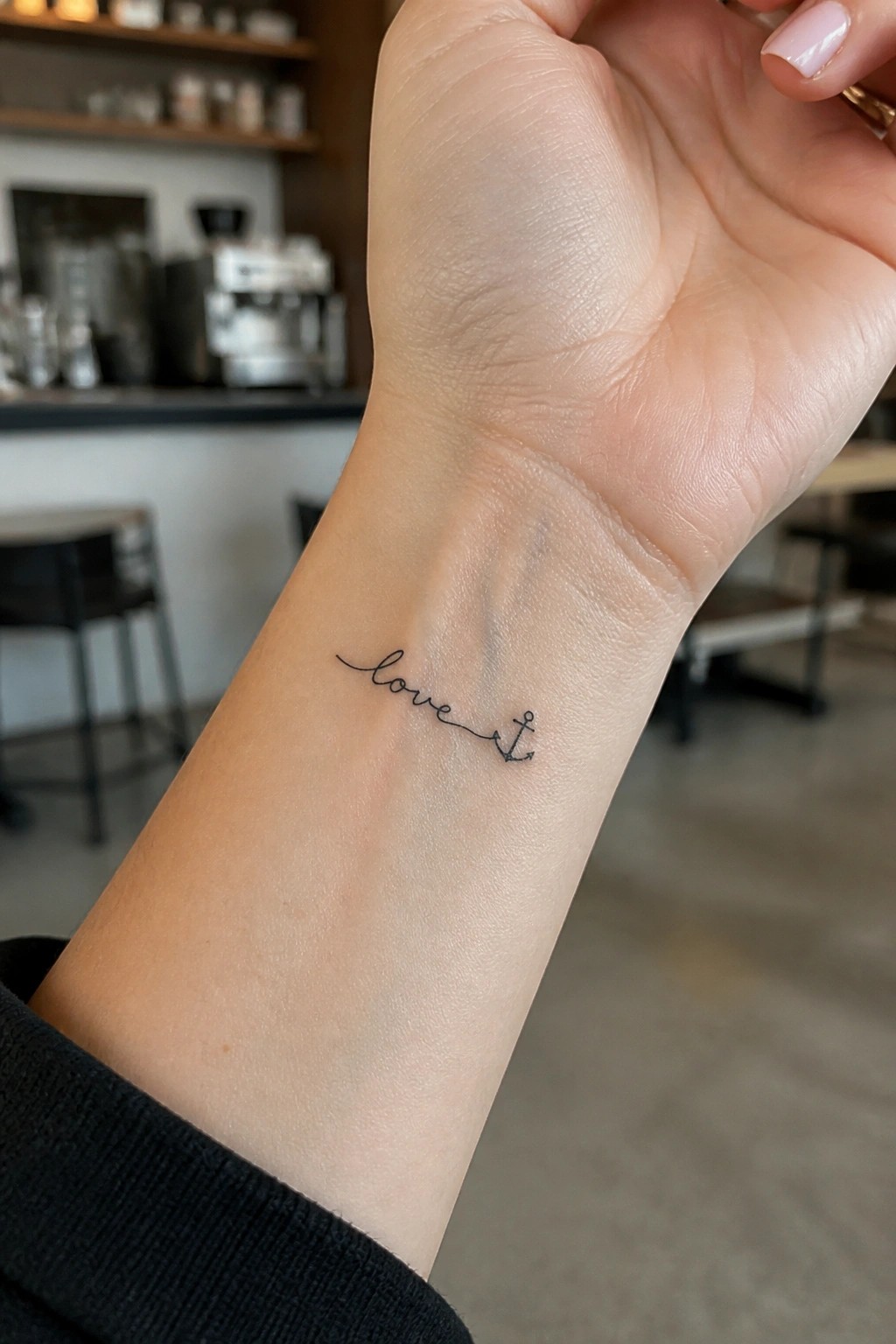 Fine line tattoo on the inner wrist with the word love in cursive script connected to a small anchor.