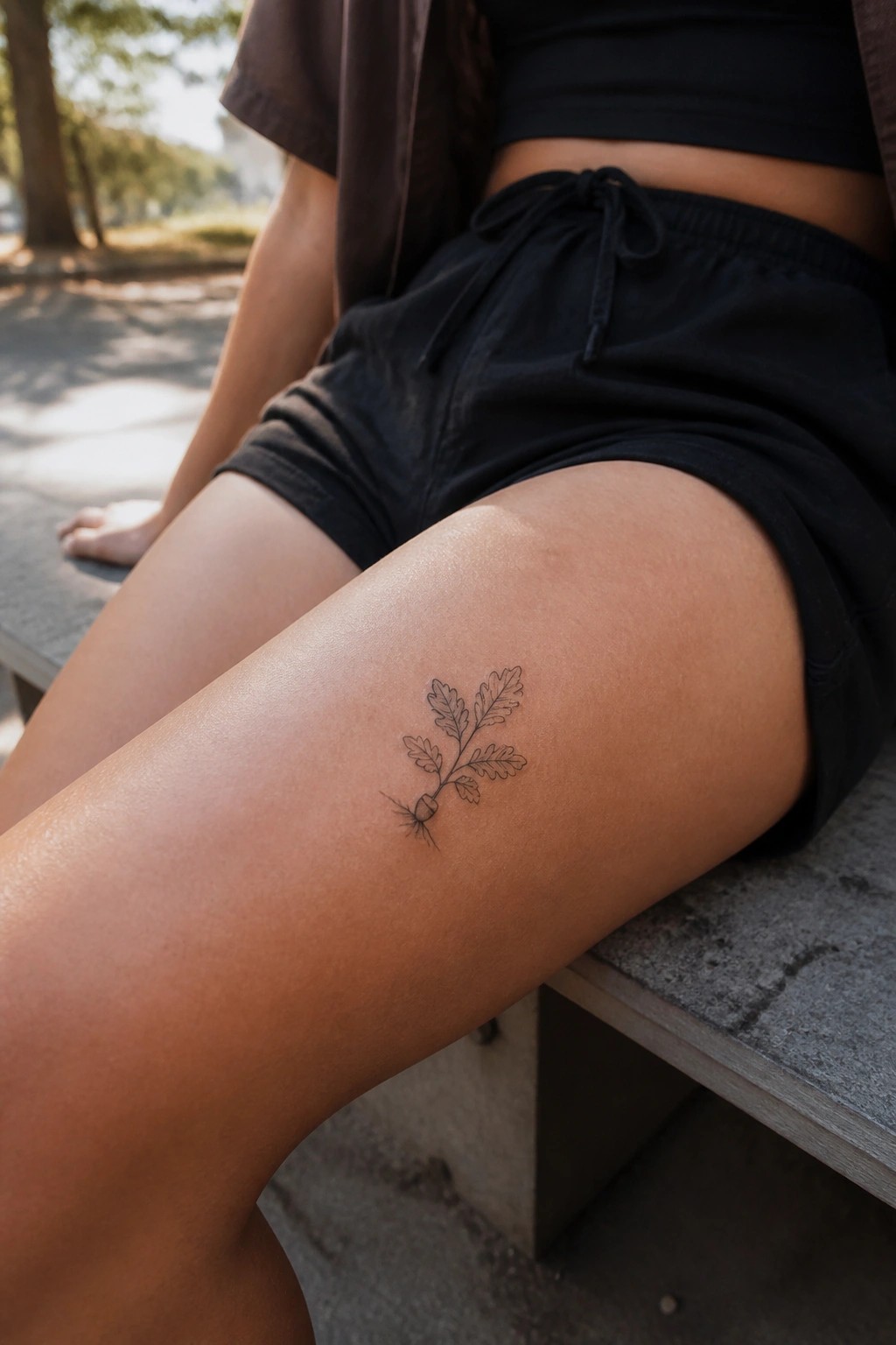 Small oak tattoo with acorn and roots on thigh in black shorts outdoors