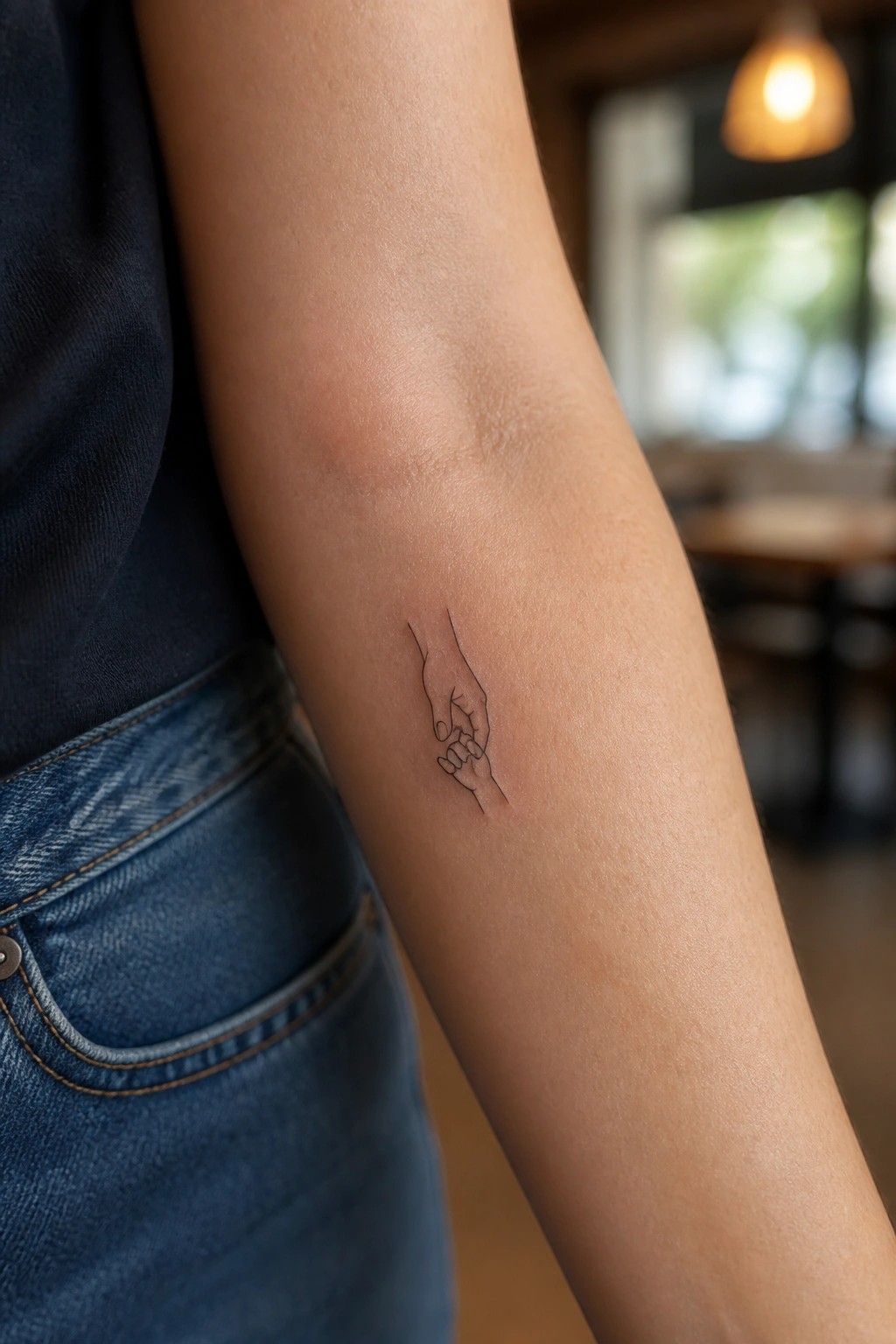 Minimalist line tattoo of two hands pinky promising on forearm, blue shirt and jeans.