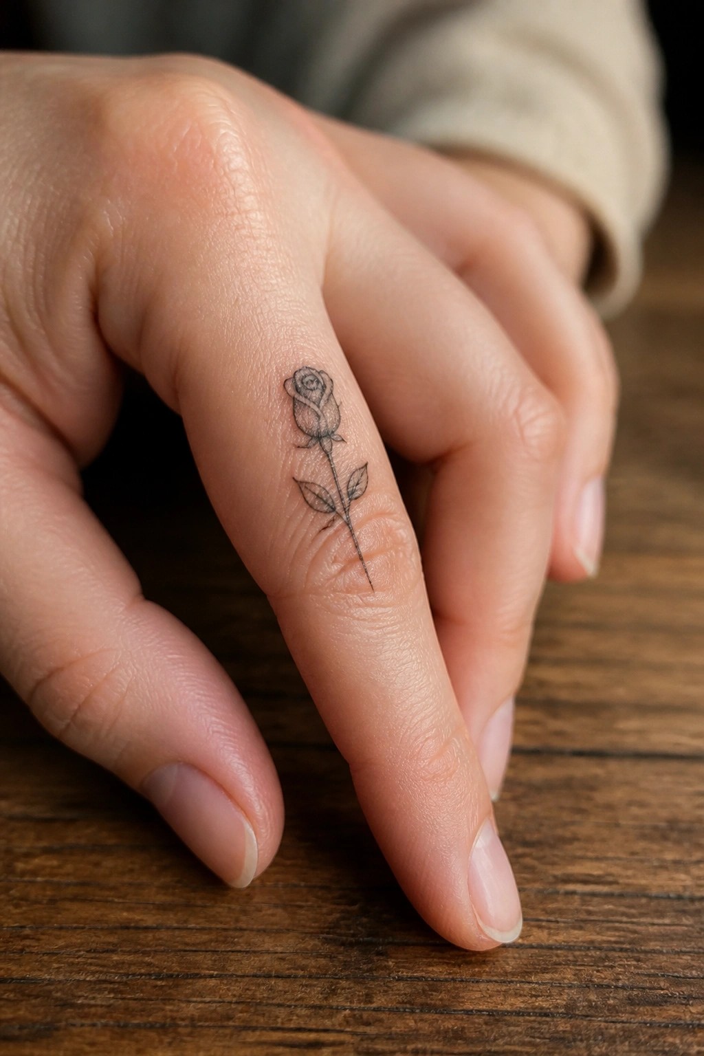 Hand with fine-line rose tattoo on finger over dark wooden surface