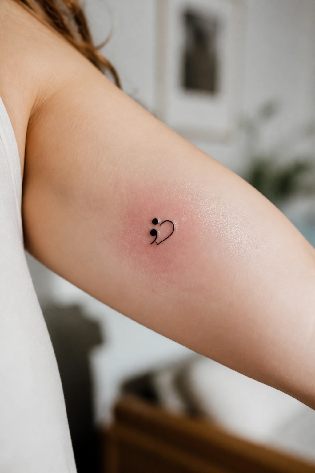 Small black semicolon heart tattoo on the upper arm in minimalist line style