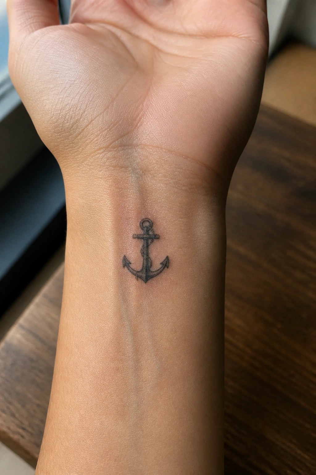 Small black anchor tattoo centered on a light-skinned upturned wrist.