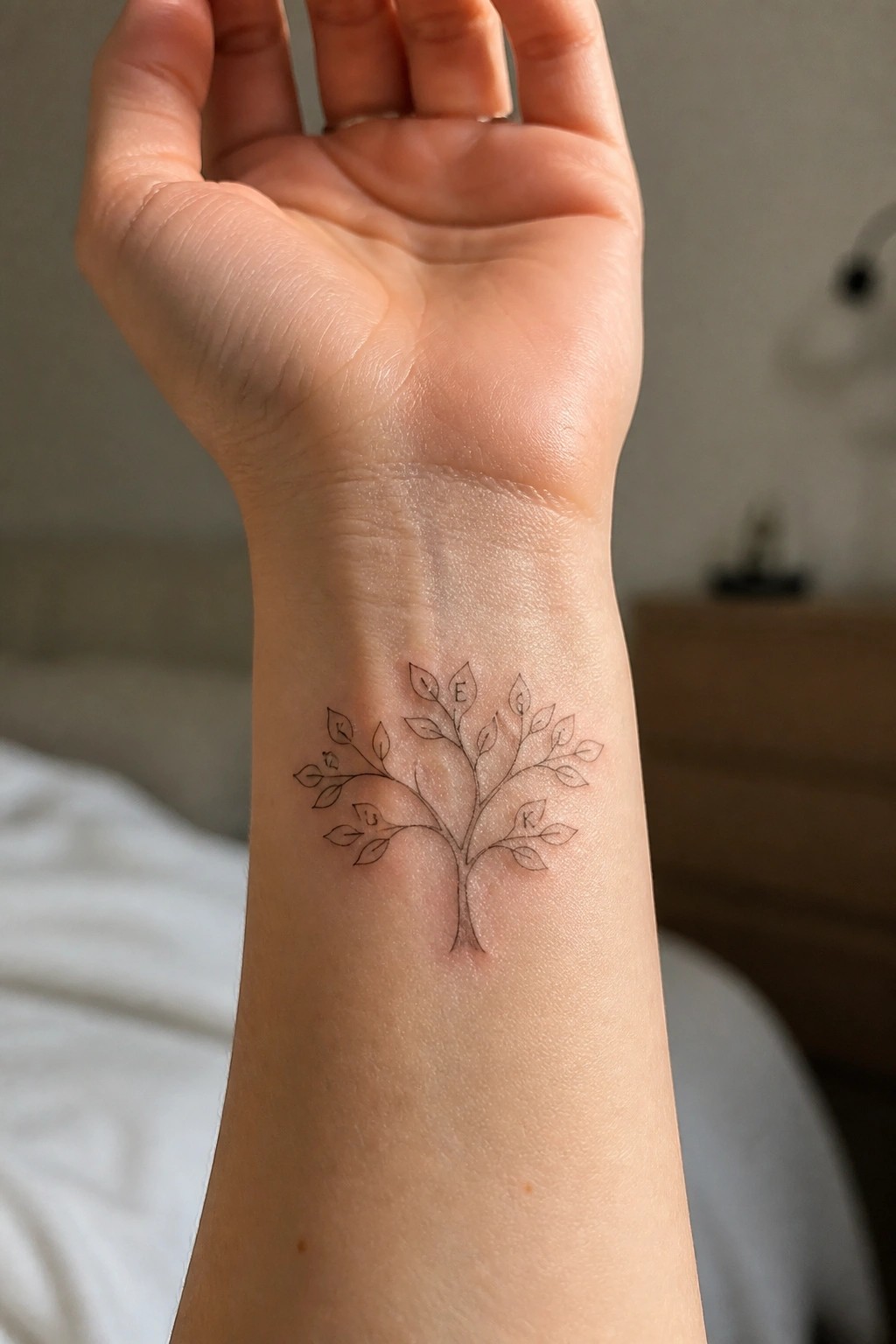 Minimalist line art tree tattoo on the inner wrist with four leaves marked by initials E, R, G and K