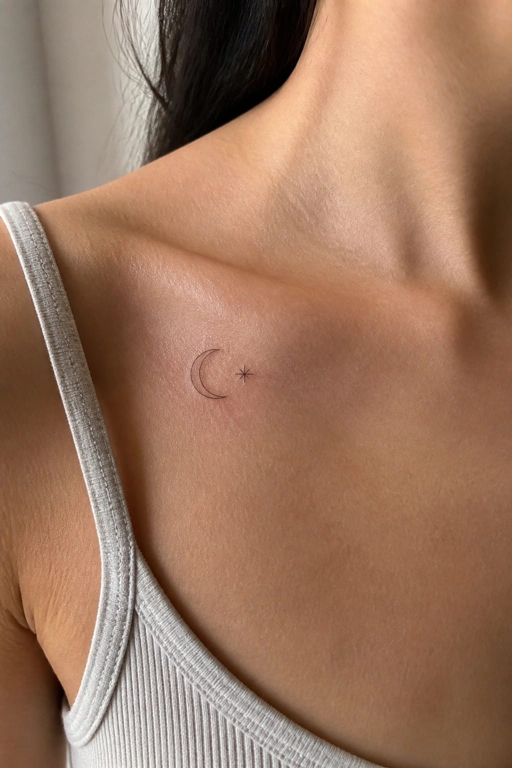 Small minimalist crescent moon and star tattoo placed on the upper chest near the collarbone