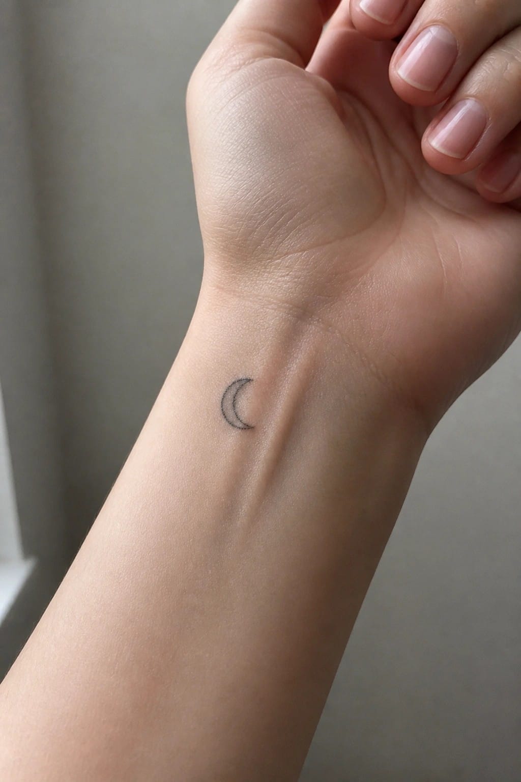 Small crescent moon tattoo on the inner wrist of a hand with light skin.