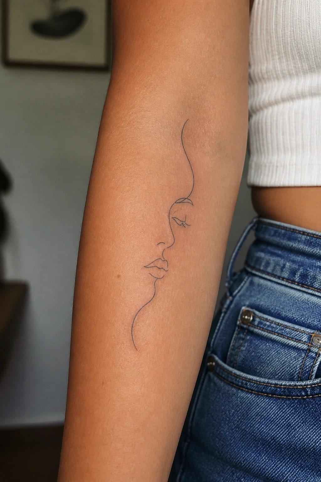Line art tattoo of woman's face on arm with white top and blue jeans