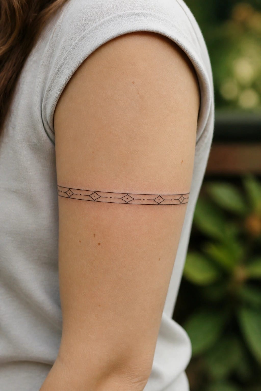 Upper arm in white shirt with black geometric diamond tattoo band