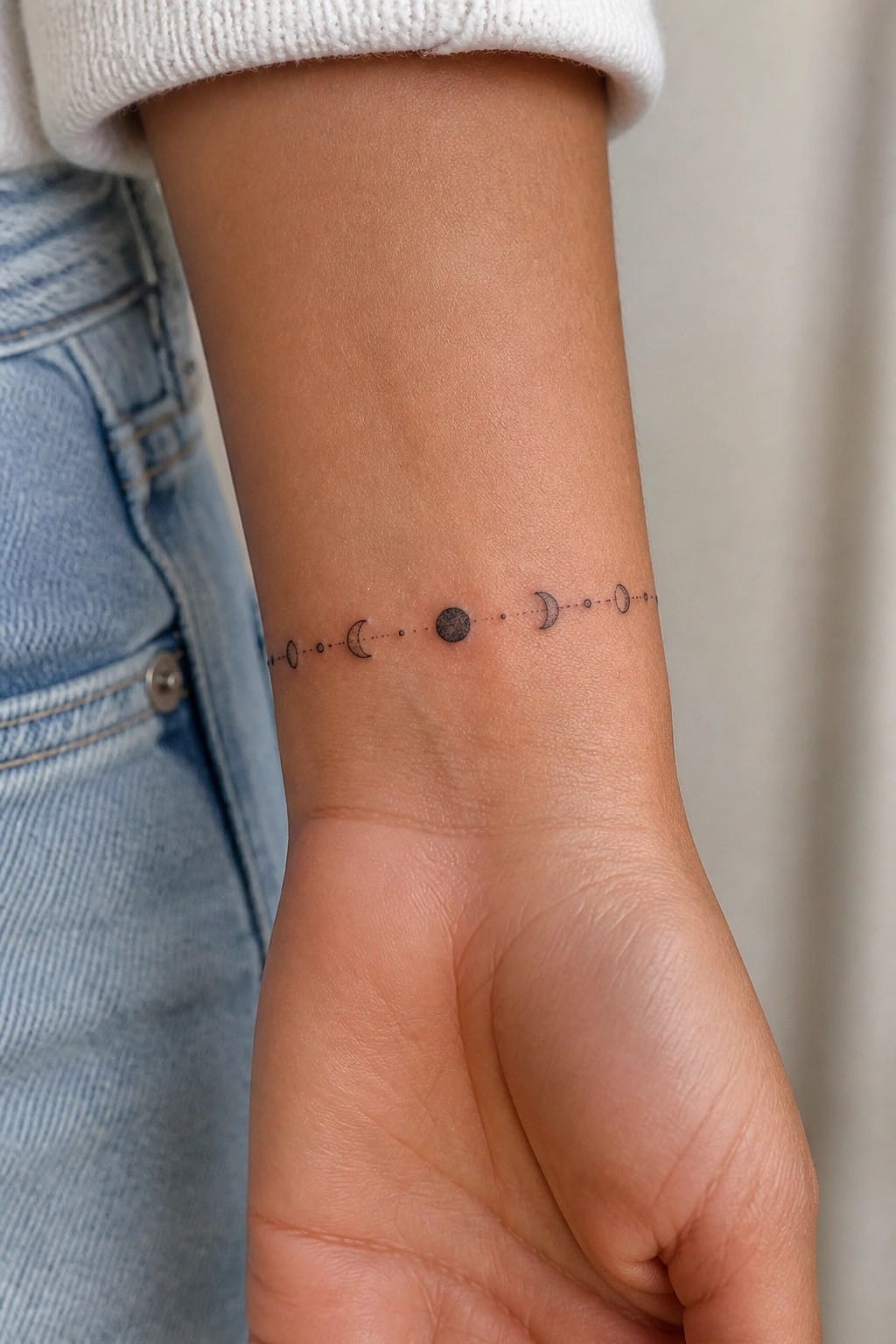 Moon phase tattoo on wrist with white sweater cuff and blue jeans visible