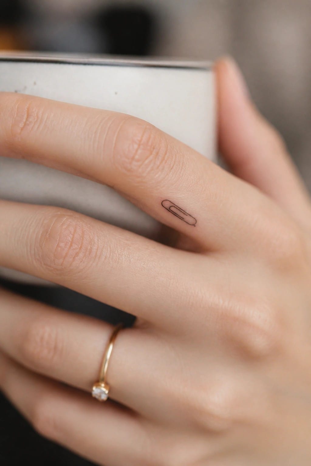 Hand with paperclip tattoo on finger and thin gold diamond ring.