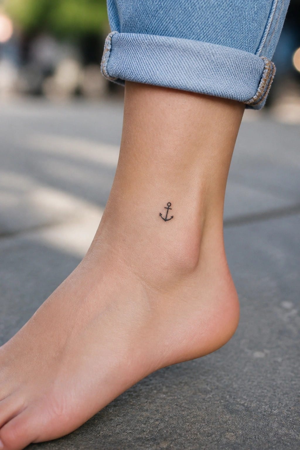 Small black anchor tattoo on the outside of a woman's ankle, with jeans rolled up above it.