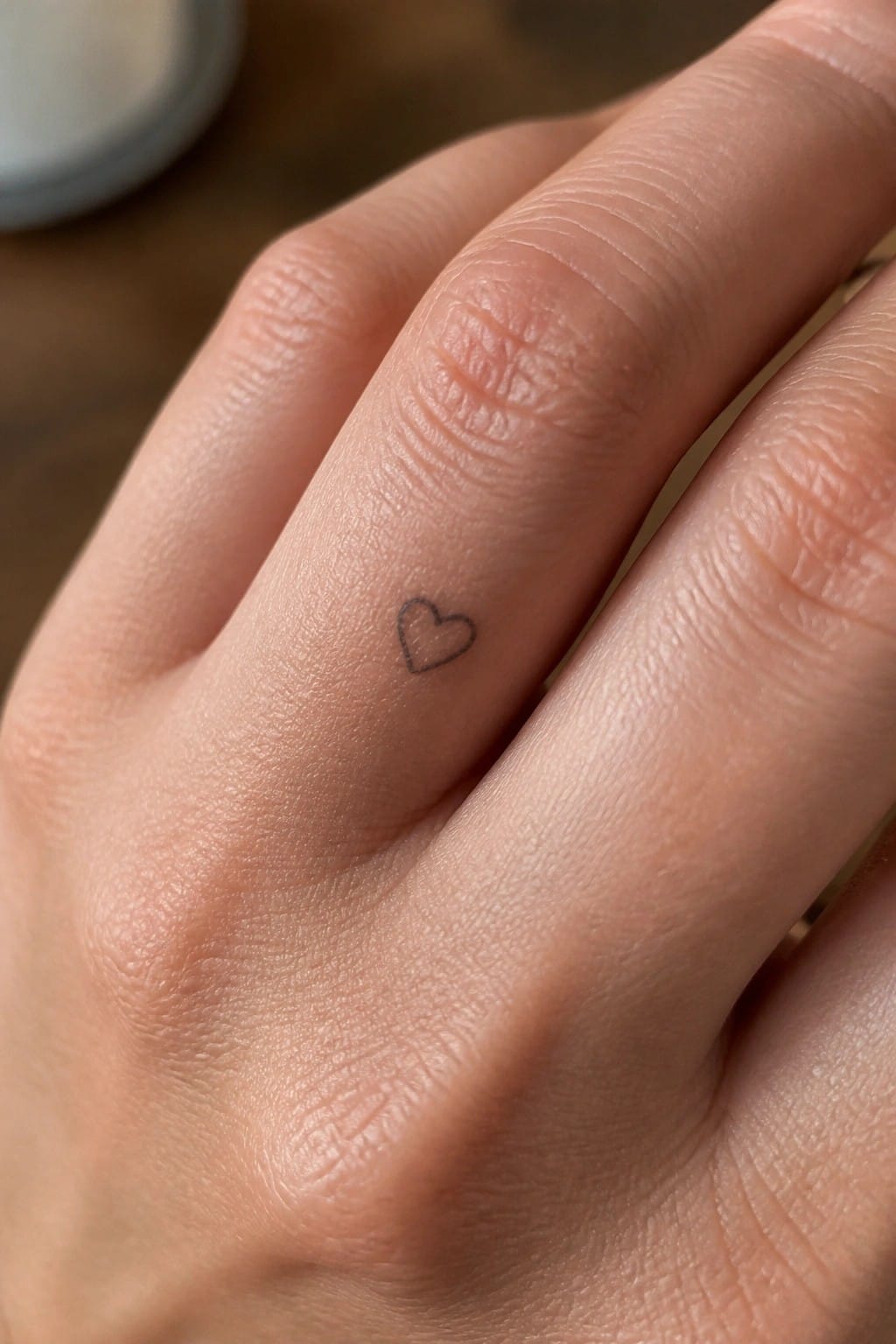 Close-up of light skin with a small black heart tattoo on ring finger