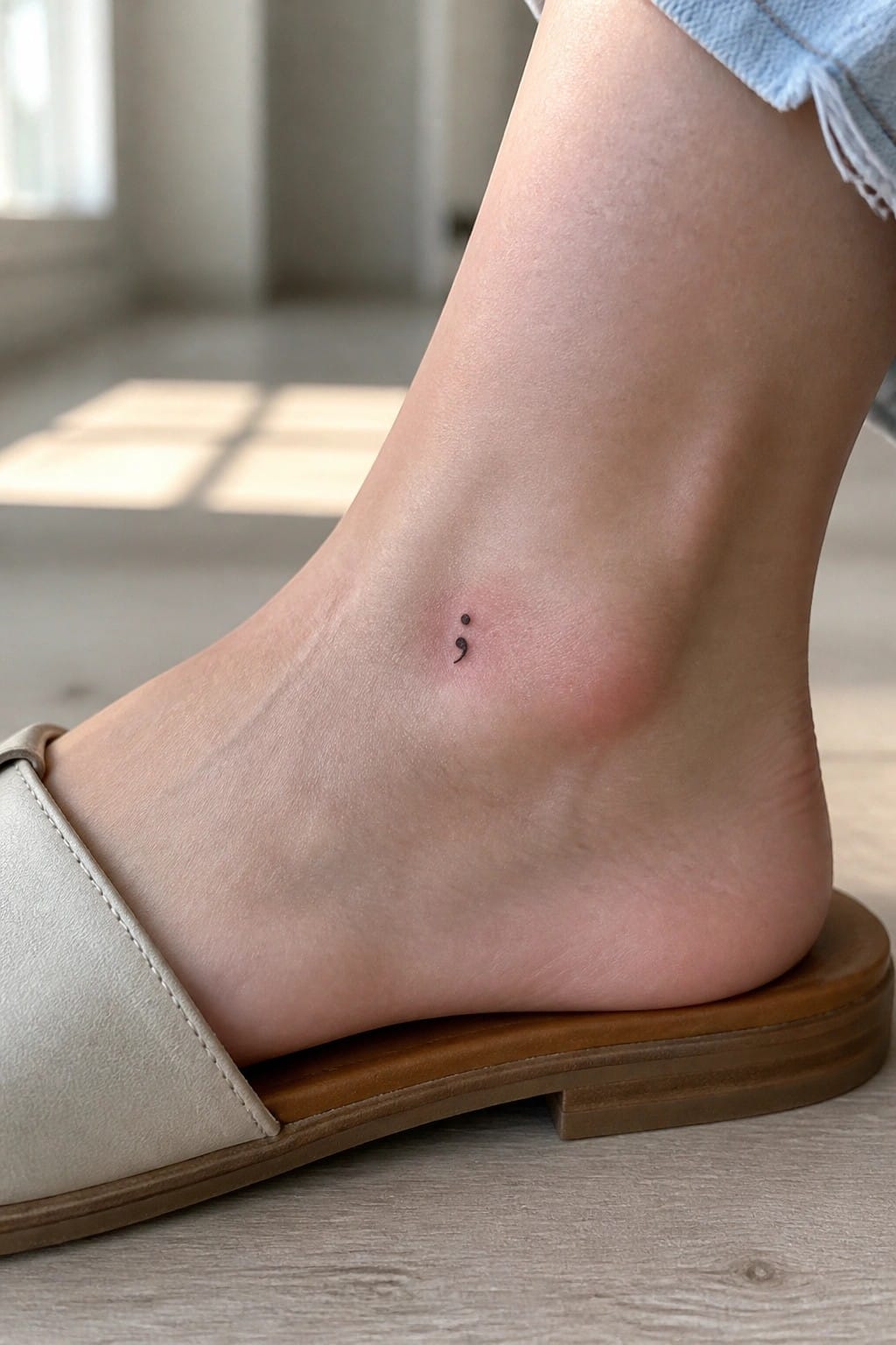 Semicolon tattoo on ankle above beige slide sandal on wooden floor.