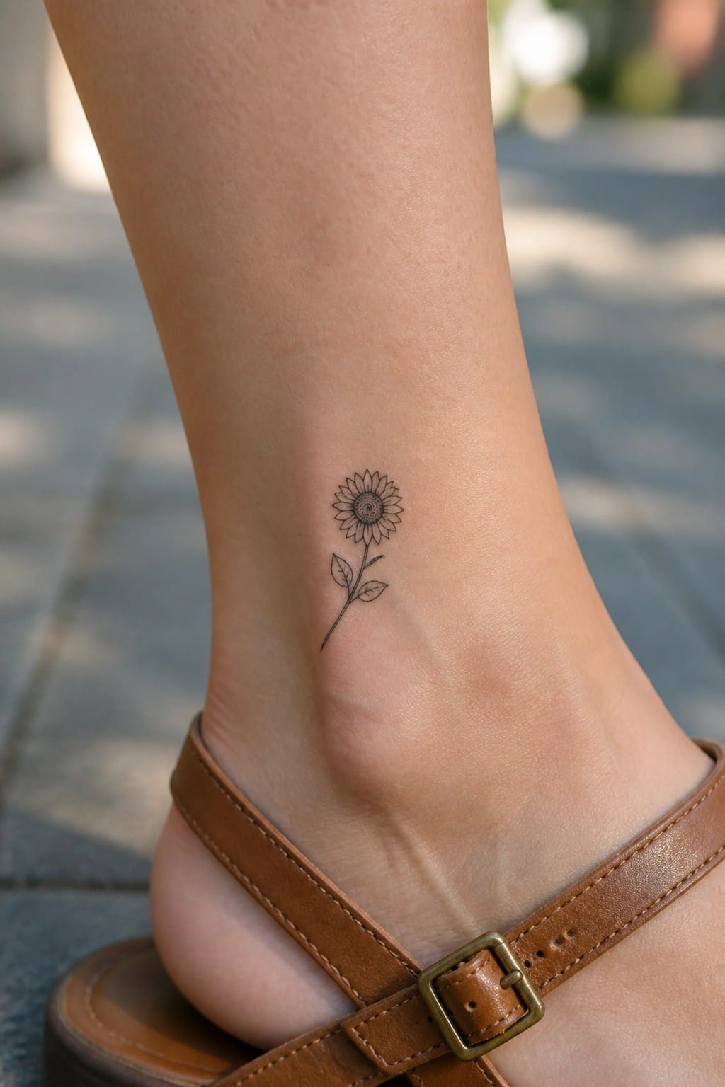 Small fine line sunflower tattoo on the outer ankle with stem and leaves in black ink