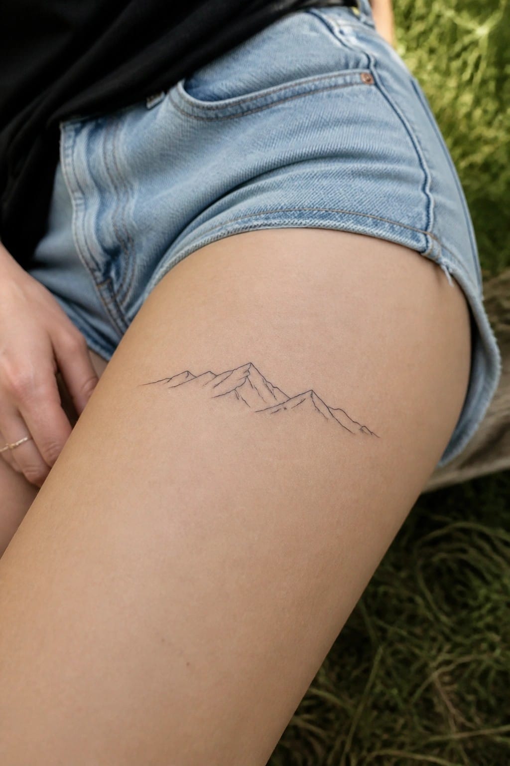 Minimalist mountain tattoo on thigh below light blue denim shorts on grass