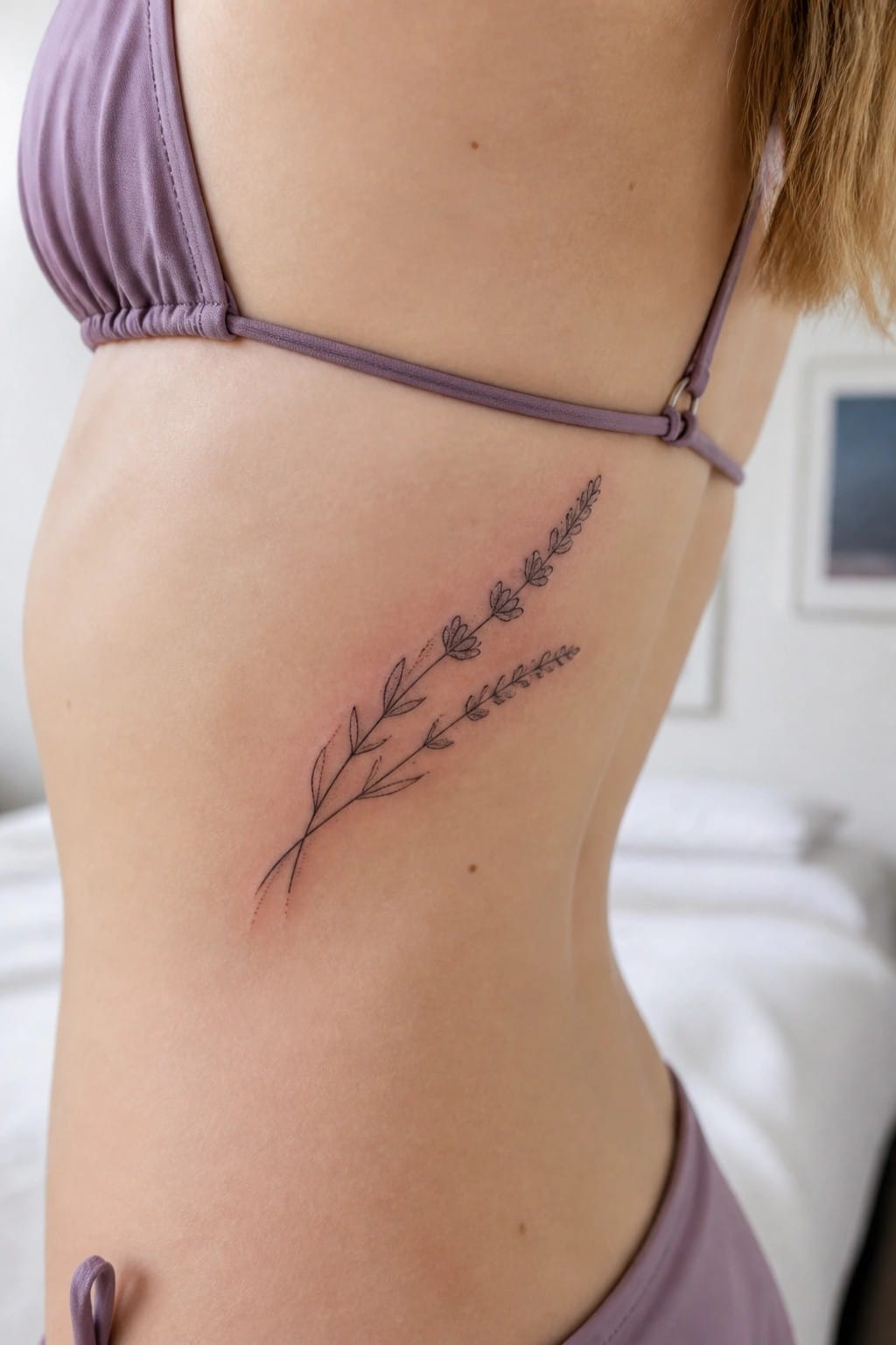 Torso with purple bikini top and black floral branch tattoo on ribs