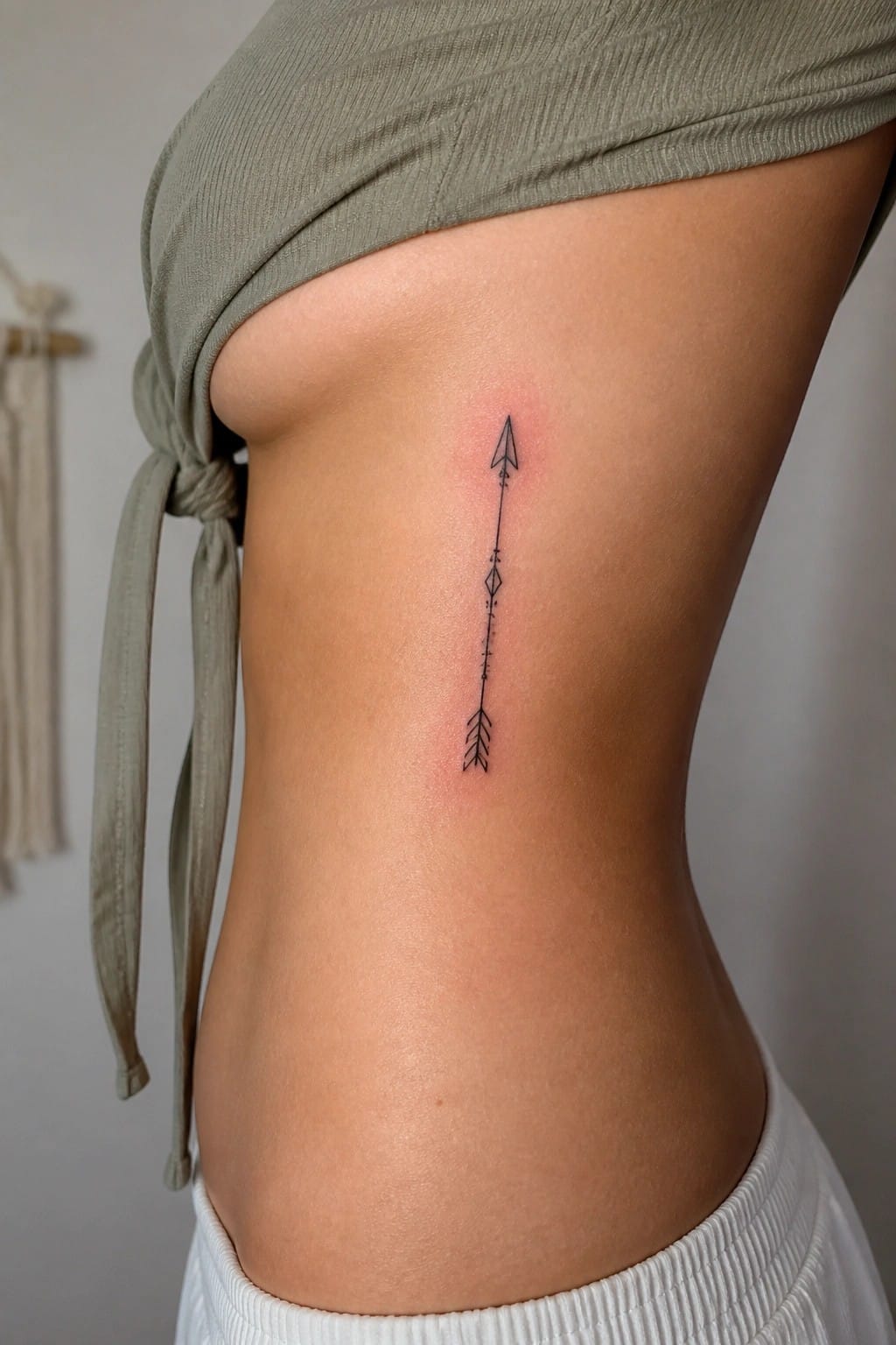 Person's side torso showing fresh vertical arrow tattoo on ribs under green tied top