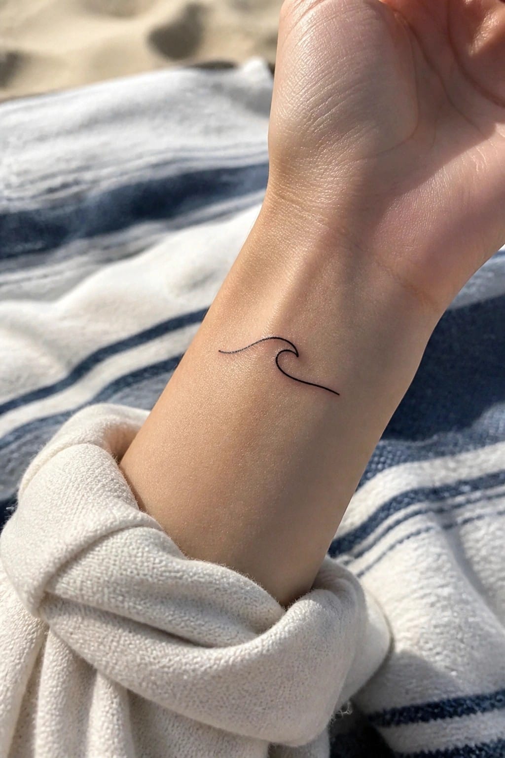 Small black wave tattoo on wrist above white cuff on striped towel