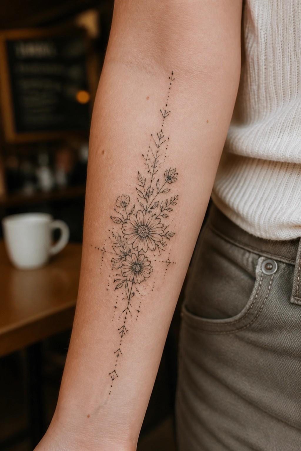 Fine line floral tattoo with daisies on the inner forearm and a vertical dotted line with accents extending above and below