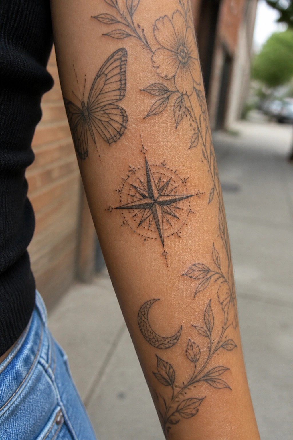 Arm with black ink tattoos of butterfly, compass, moon and florals, in black top and jeans
