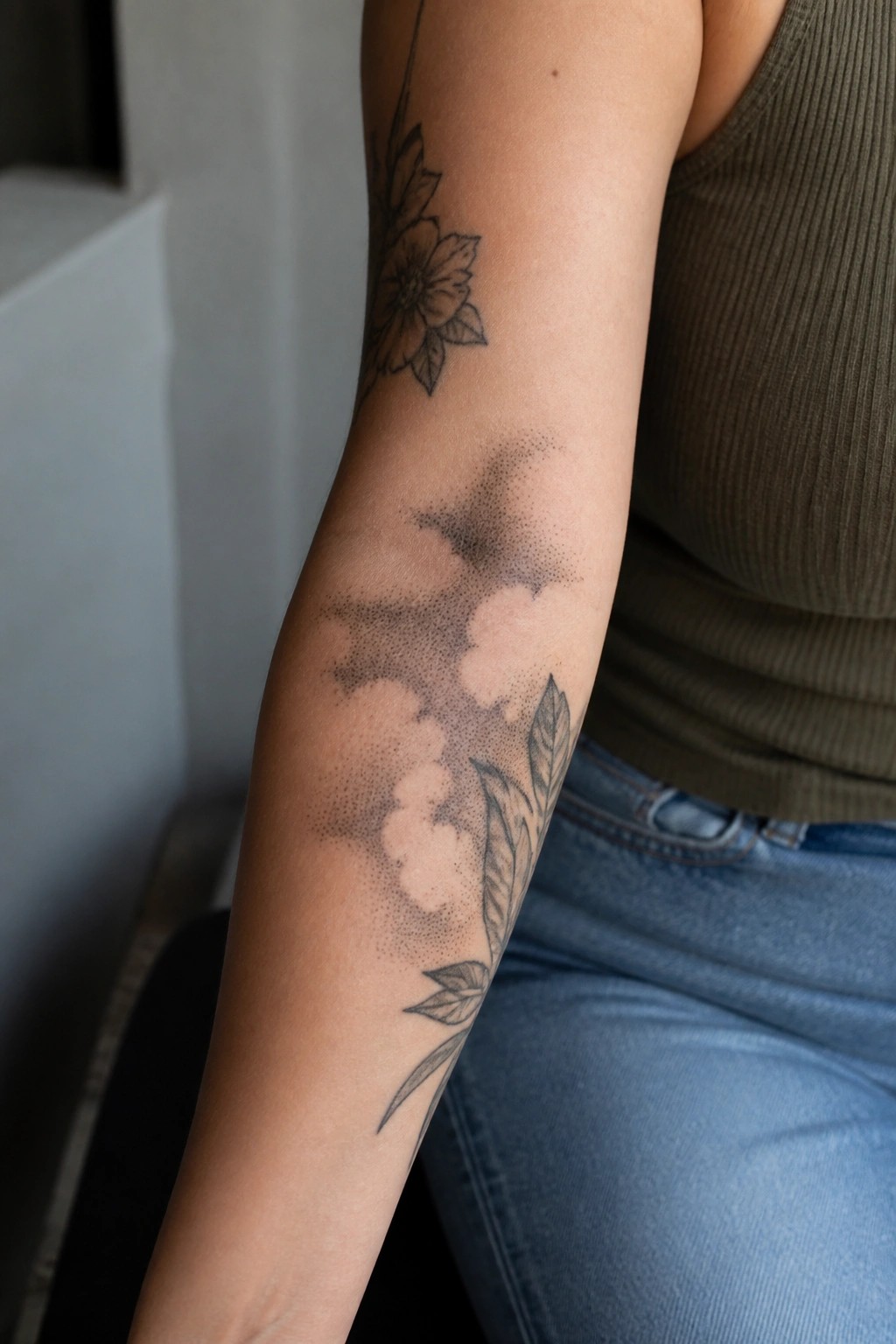 Tattooed arm with floral, cloud, and leaf designs in green tank top and jeans