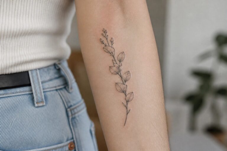 22 Smart Tattoo Filler Ideas to Complete Feminine Sleeves and Patchwork Layouts Person's forearm with fine-line black eucalyptus tattoo, white top and dark jeans visible.