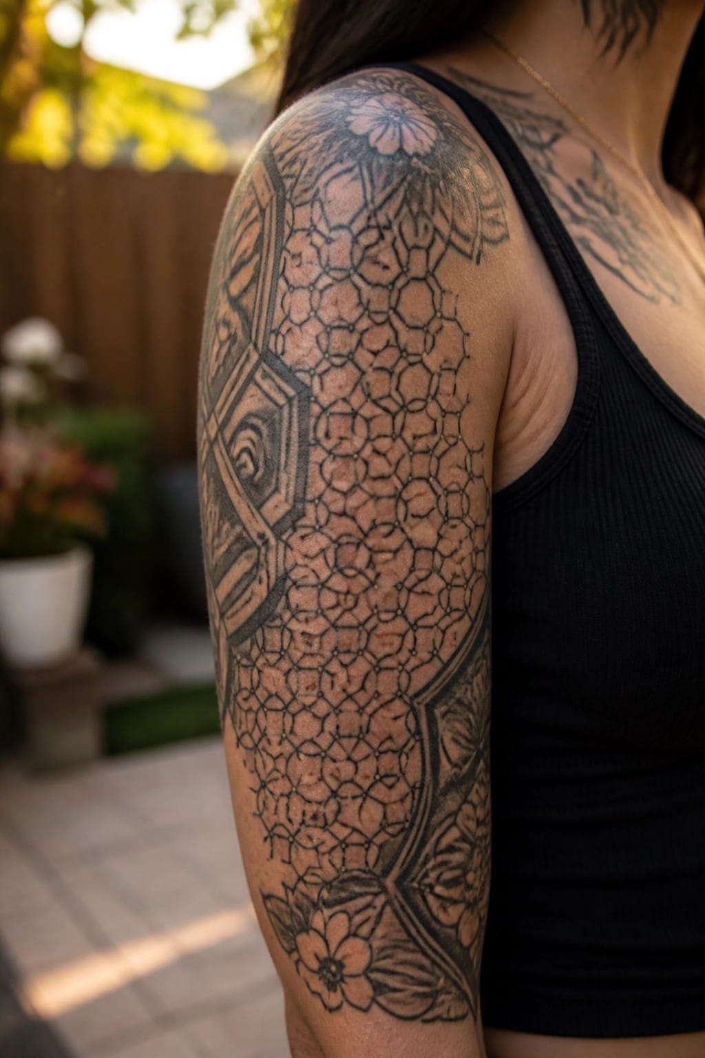 Arm with intricate black geometric honeycomb and floral tattoo, black tank top.