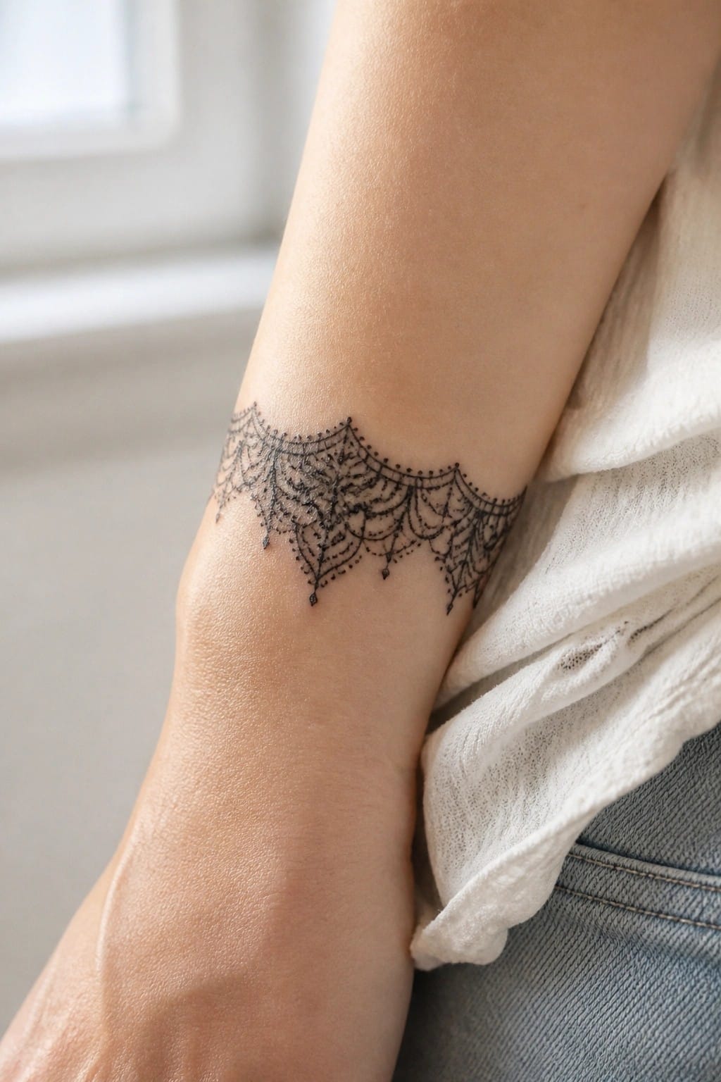 Black lace tattoo on forearm beside white shirt and blue jeans.