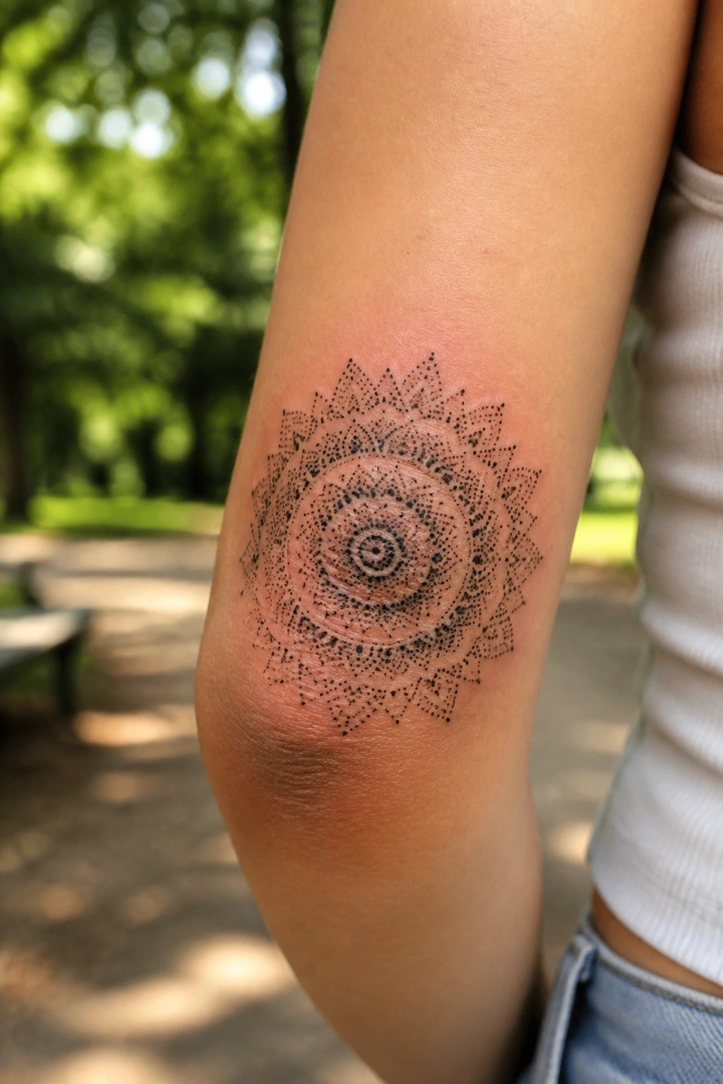 Black dotwork mandala tattoo on reddened elbow, white top, blurred park background